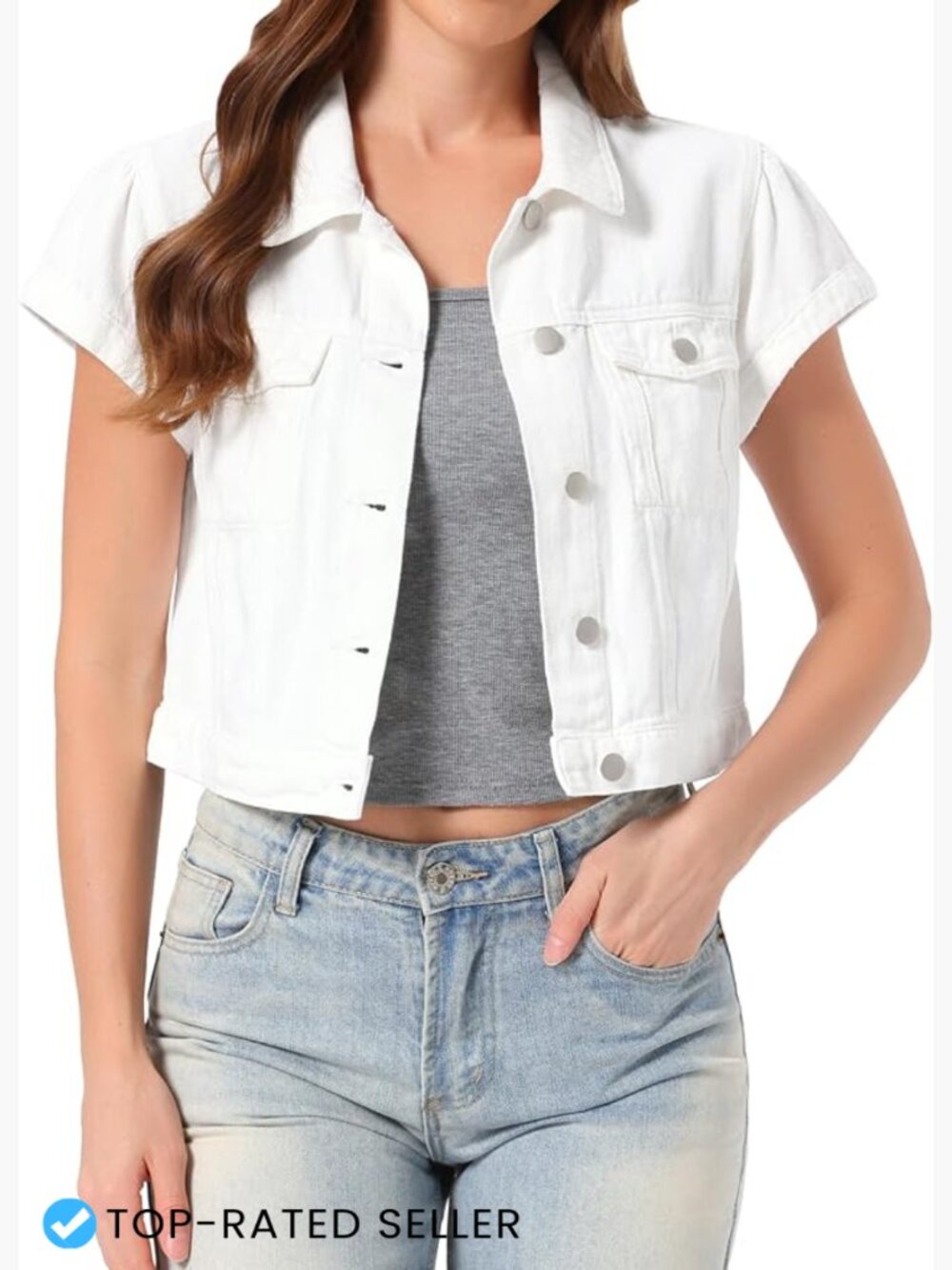 Cropped Denim Jacket Women Cap Sleeve Puff Sleeve Casual Chic Button Front